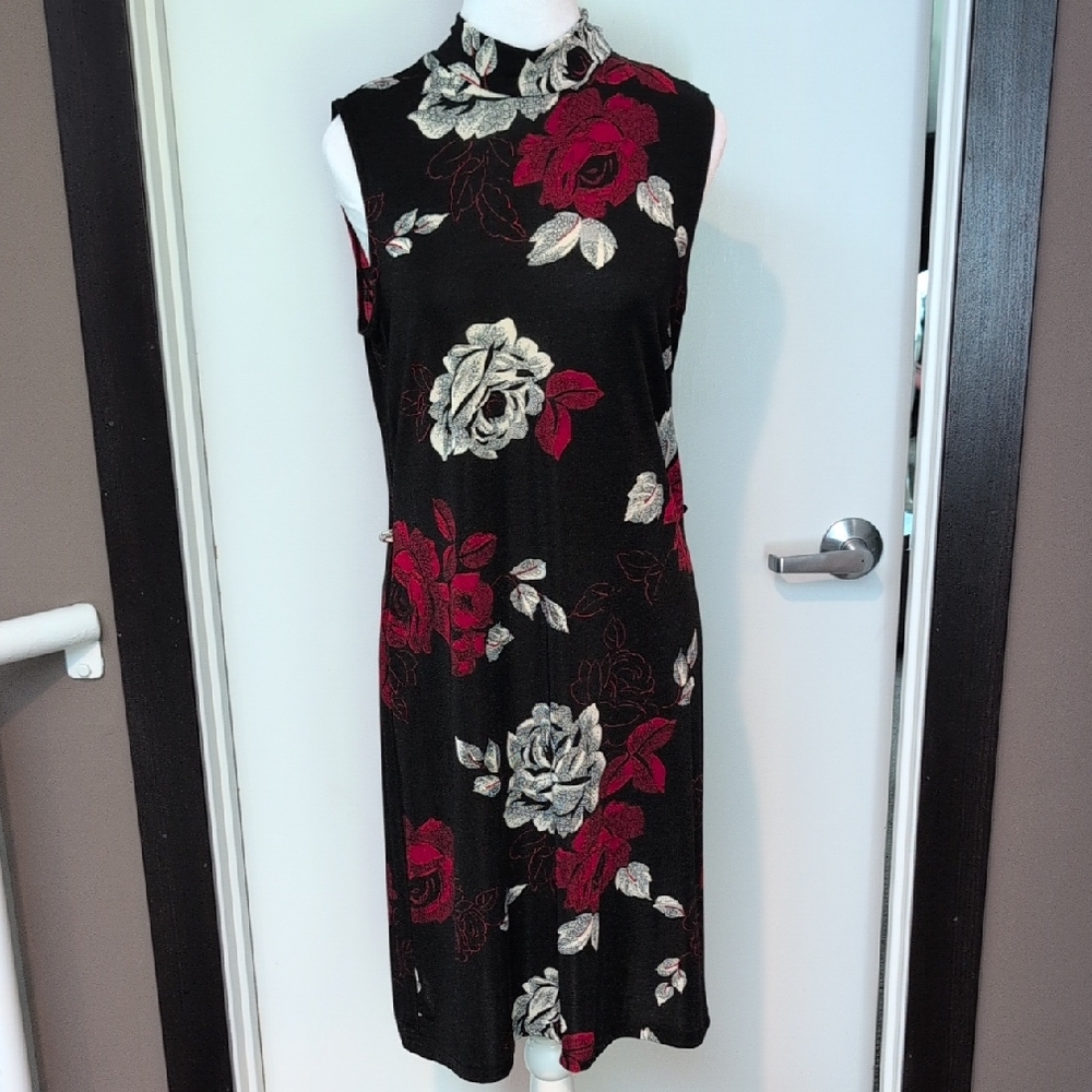 Expressions Black and Red Floral Midi Dress